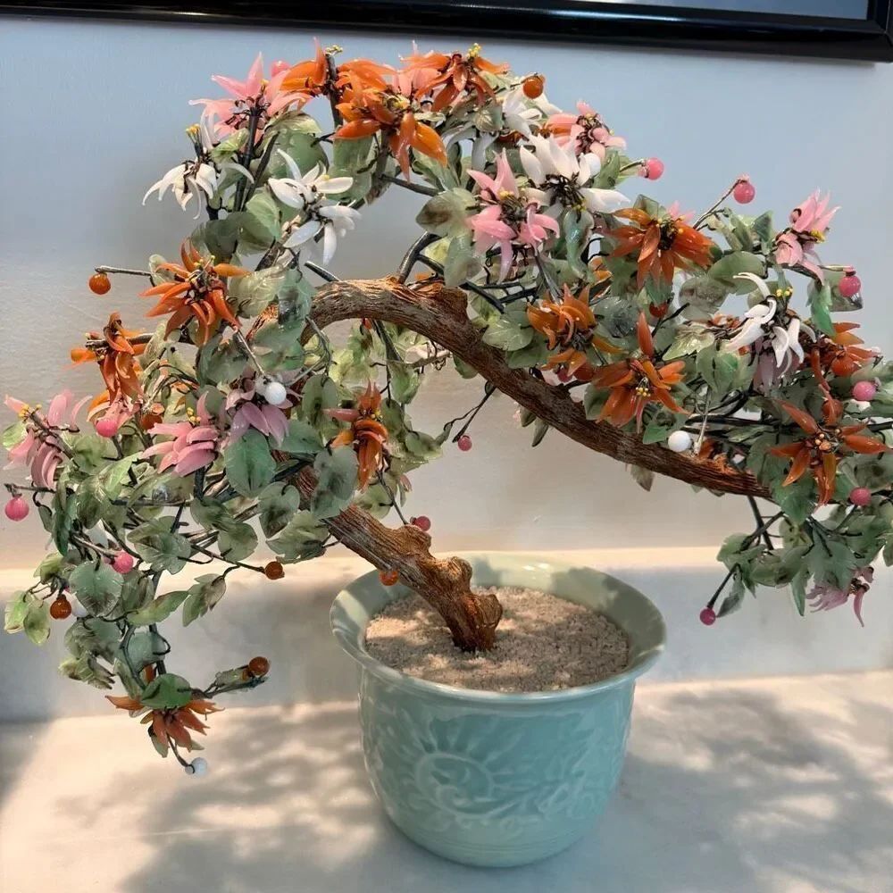 Antique Multicolored Jade Quartz Stone Chinese Glass Bonsai Tree in Celadon Pot
